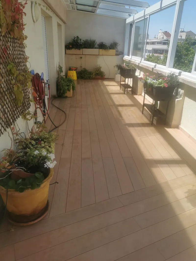 Terraza acristalada con plantas y tarima en una vivienda de Madrid